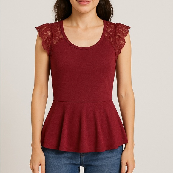 Burgundy Lace Sleeve Peplum Top, Small - Picture 1 of 6
